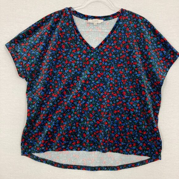 LOFT Navy Red Ditsy Floral V Neck Velvet Lightweight Comfy Blouse Large - Picture 1 of 9